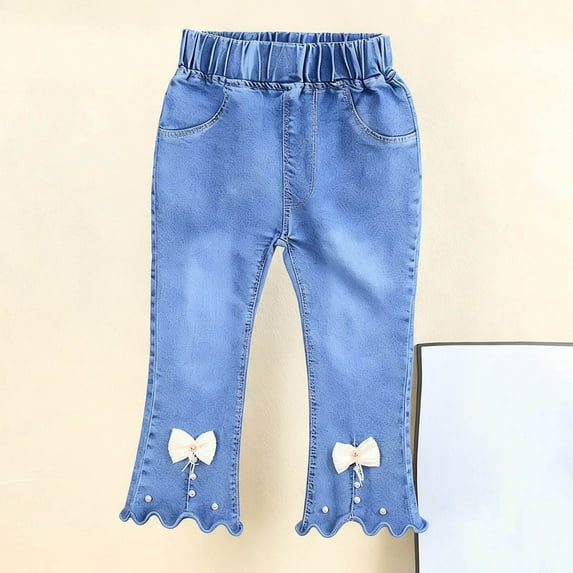 Cowsor Big Girls Rabbit Pearl Flare Slim Fit Jeans Spring Casual Elastic Waist Denim Long Pants Trendy Kids Bottoms For 4-12 Years Old