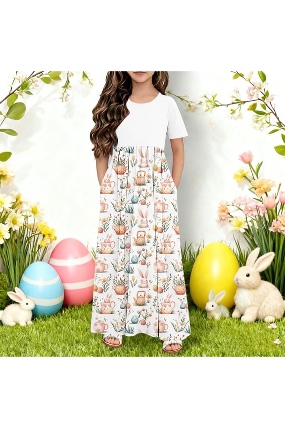 Big Girls Short Sleeve Round Neck Easter Print Dress Casual Maxi Gown with Pockets Comfortable Holiday Outfit for 4 to 14 Years Old Kids Spring Parties
