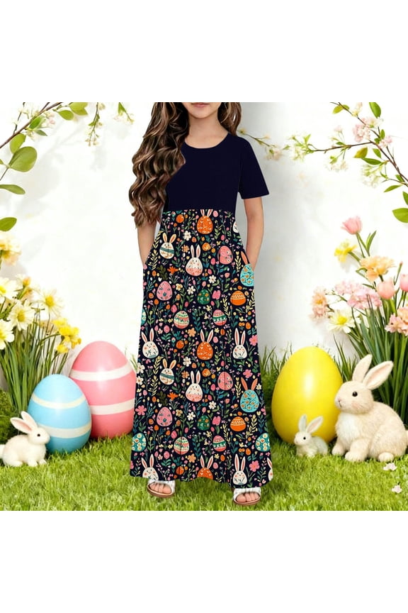 Big Girls Short Sleeve Round Neck Easter Print Dress Casual Maxi Gown with Pockets Comfortable Holiday Outfit for 4 to 14 Years Old Kids Spring Parties