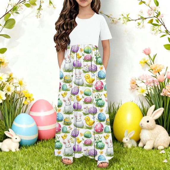 Cowsor Big Girls Short Sleeve Round Neck Easter Print Dress Casual Maxi Gown with Pockets Comfortable Holiday Outfit for 4 to 14 Years Old Kids Spring Parties