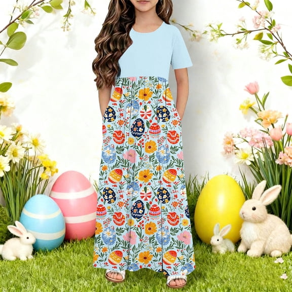 Cowsor Big Girls Short Sleeve Round Neck Easter Print Dress Casual Maxi Gown with Pockets Comfortable Holiday Outfit for 4 to 14 Years Old Kids Spring Parties