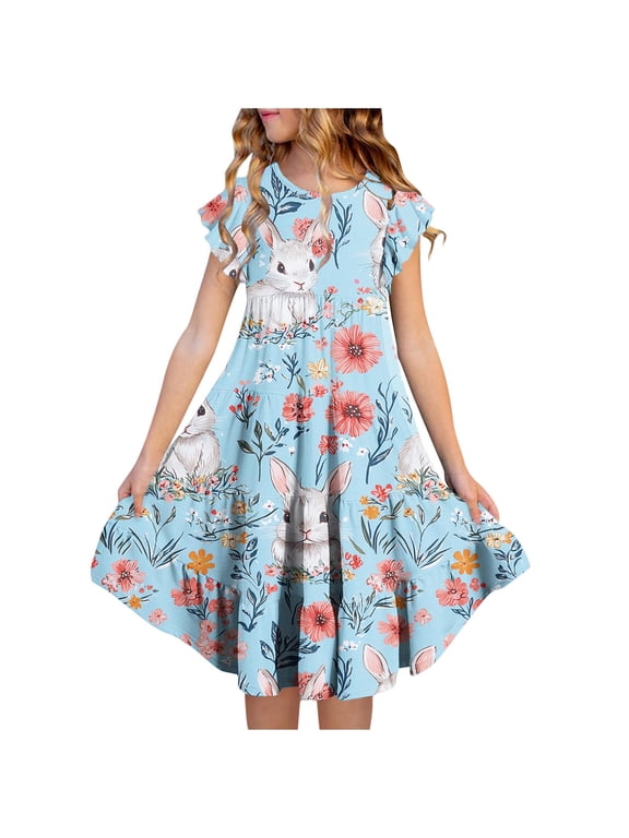 Big Girls Short Sleeve Ruffle Strap Dress Easter Print Round Neck Waist Cinched Pocket Layered Dress for 4 to 15 Years Old Kids Family Gathering Outfits