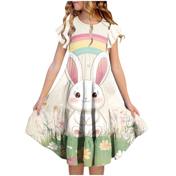 Cowsor Big Girls Short Sleeve Ruffle Strap Dress Easter Print Round Neck Waist Cinched Pocket Layered Dress for 4 to 15 Years Old Kids Family Gathering Outfits