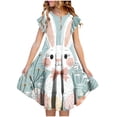thumbnail image 1 of Cowsor Big Girls Short Sleeve Ruffle Strap Dress Easter Print Round Neck Waist Cinched Pocket Layered Dress for 4 to 15 Years Old Kids Family Gathering Outfits, 1 of 5