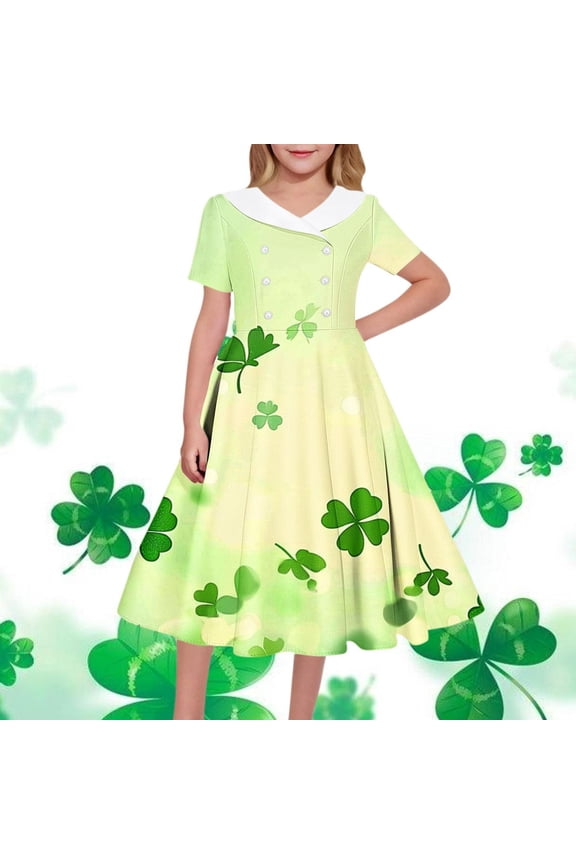 Big Girls Short Sleeve Turn Down Collar Dress Hepburn Style St Patricks Day Print Waist Cinched Button Design Dance Performance Outfit for 5 to 14 Years Old