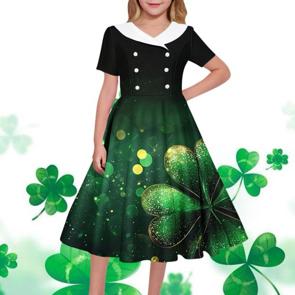 Cowsor Big Girls Short Sleeve Turn Down Collar Dress Hepburn Style St Patricks Day Print Waist Cinched Button Design Dance Performance Outfit for 5 to 14 Years Old
