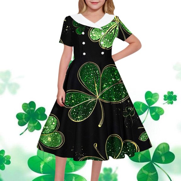 Cowsor Big Girls Short Sleeve Turn Down Collar Dress Hepburn Style St Patricks Day Print Waist Cinched Button Design Dance Performance Outfit for 5 to 14 Years Old