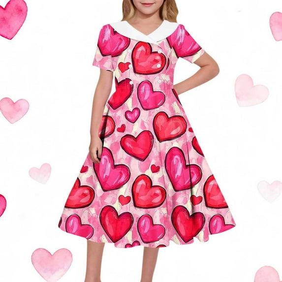 Cowsor Big Girls Short Sleeve V Neck Dress Valentine Heart Print Waist Cinched Turn Down Collar Comfortable Holiday Party Outfit for 5 to 14 Years Old