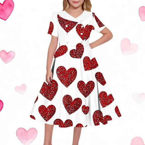 Cowsor Big Girls Short Sleeve V Neck Dress Valentine Heart Print Waist Cinched Turn Down Collar Comfortable Holiday Party Outfit for 5 to 14 Years Old