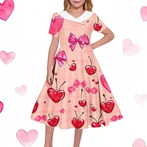 Cowsor Big Girls Short Sleeve V Neck Dress Valentine Heart Print Waist Cinched Turn Down Collar Comfortable Holiday Party Outfit for 5 to 14 Years Old