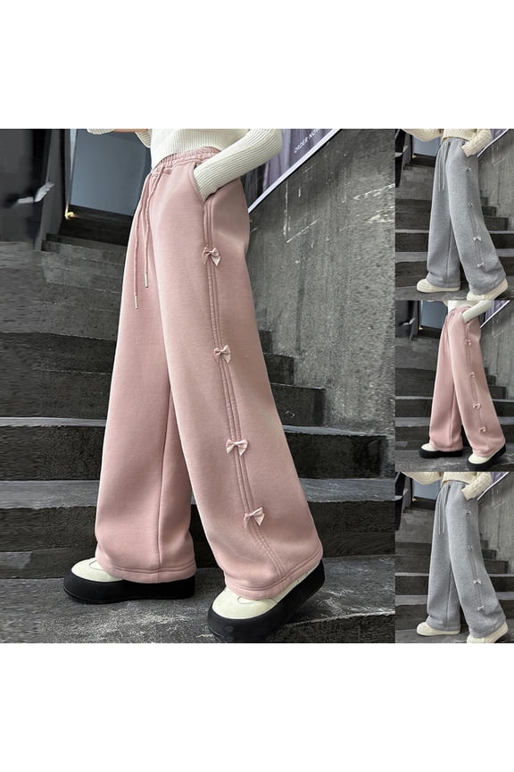 Big Girls Solid Sports Sweatpants Bow Decor Straight Leg Pants Elastic Waist Loose Casual Comfort Long Trousers For 5-16 Years Old