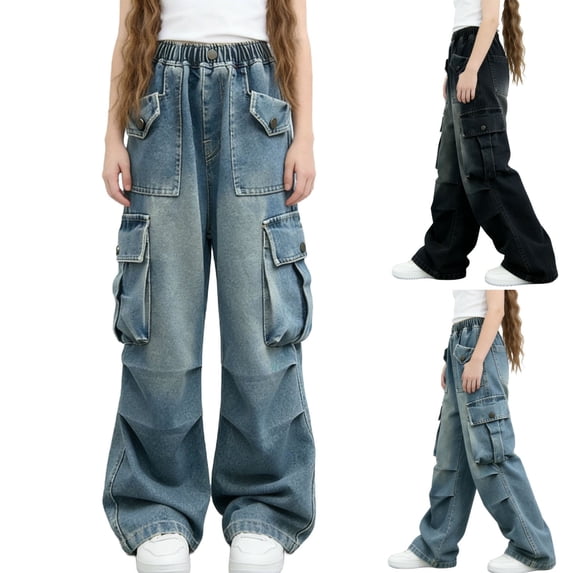 Cowsor Big Kids Boys Girls Spring Fall Solid Loose Jeans High Waist Straight Cargo Pants Casual Denim Trousers For 5-15 Years Old