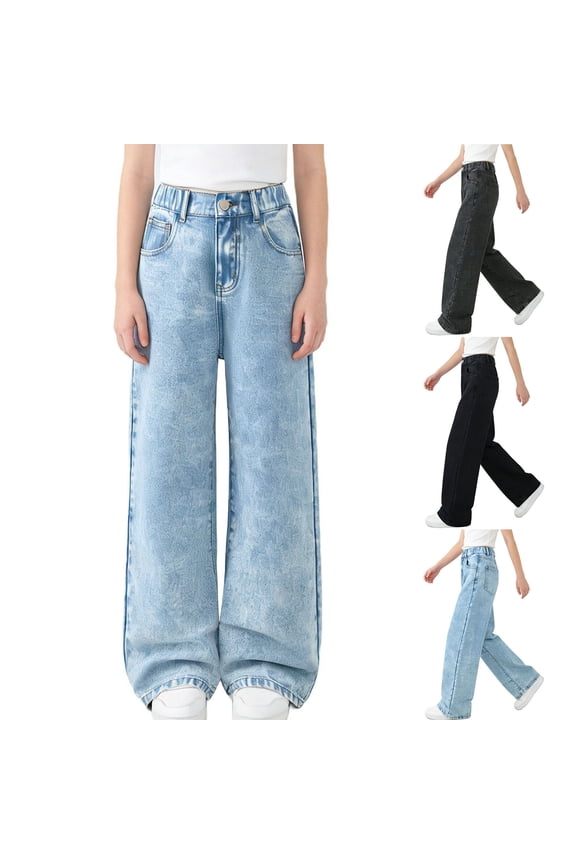 Big Kids Boys Girls Spring Fall Solid Loose Jeans High Waist Straight Wide Leg Casual Denim Trousers For 6-13 Years Old