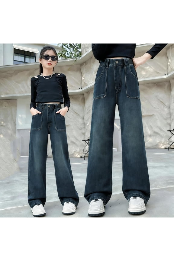 Big Kids Girls Solid Wide Leg Jeans Casual Denim Trousers With Pockets Straight Leg Daily Wear Bottoms For 6-14 Years Old