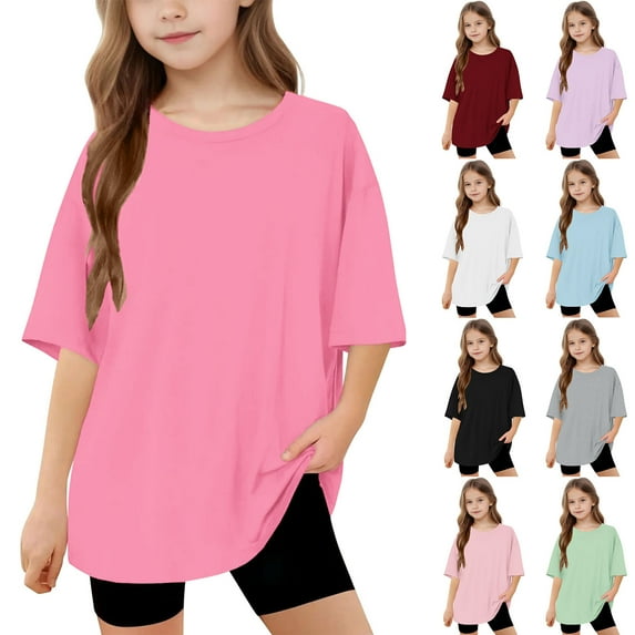 Cowsor Big Kids Solid Color Loose Short Sleeve Crewneck T Shirt Casual Summer Top for 5-15 Years Old Boys Girls