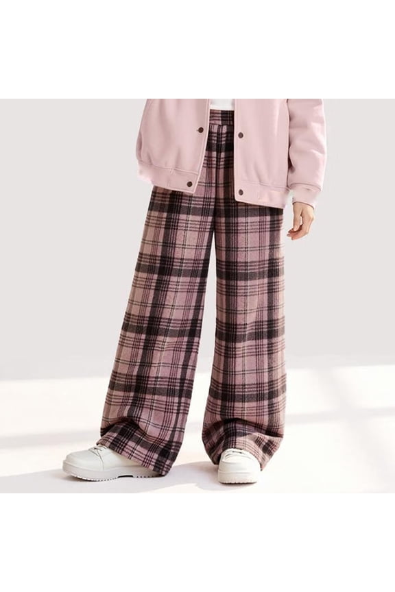 Big Kids Wool Plaid Wide Leg Pants Thick Warm Outdoor Casual Sweatpants Loose Comfortable Trousers With Pockets For 4-15 Years Old