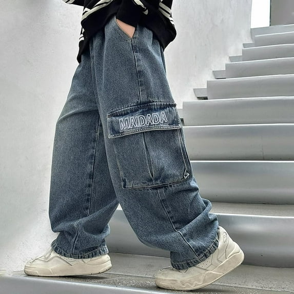 Cowsor Boy's Baggy Jeans Y2K Vintage Wide Leg Denim Pants Hip Hop Skater Jeans Loose Fit Trousers 2000s Streetwear