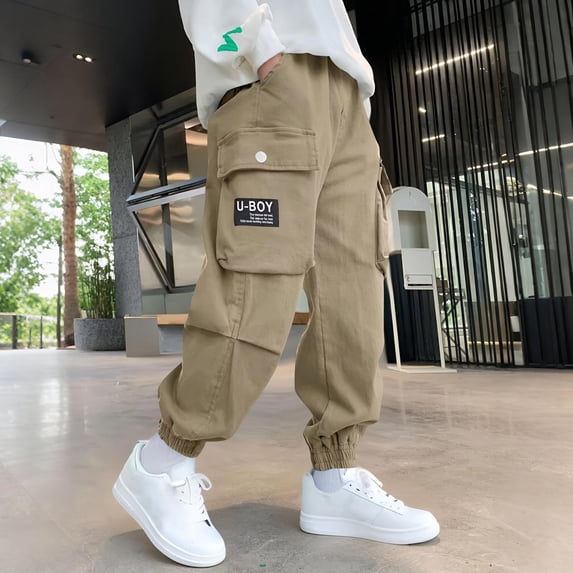 Cowsor Boys Cargo Pants Stretch Elastic Waist School Kids Twill Joggers