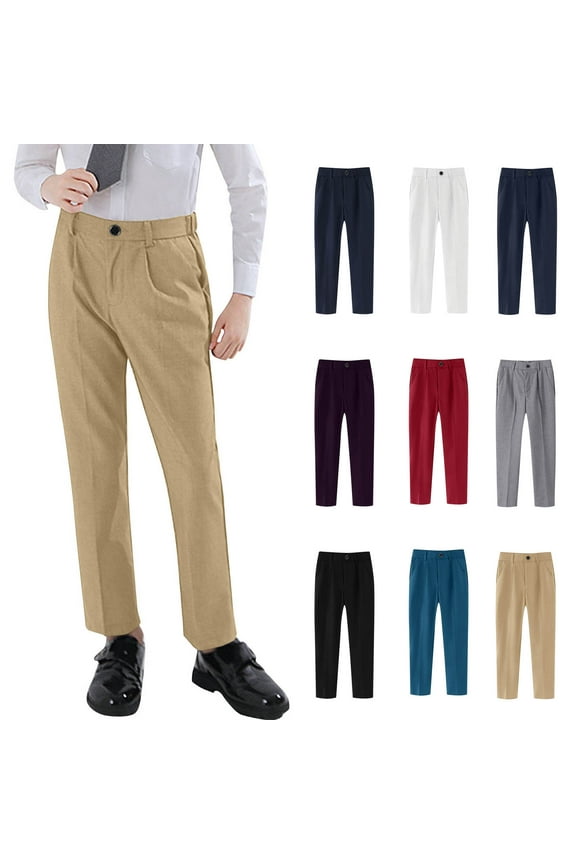 Boys Dress Pants High Waist Straight Leg Suit Pant Casual Solid Color Classic Fit Costume Trouser with Pockets