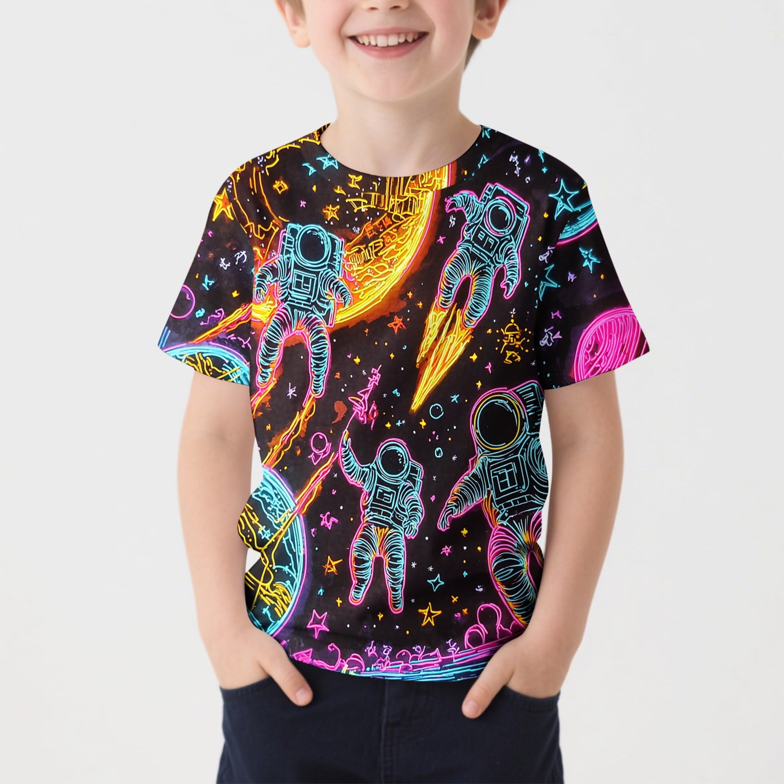 Cowsor Boys Girls Astronaut Gradient Printed Short Sleeve Crewneck T ...