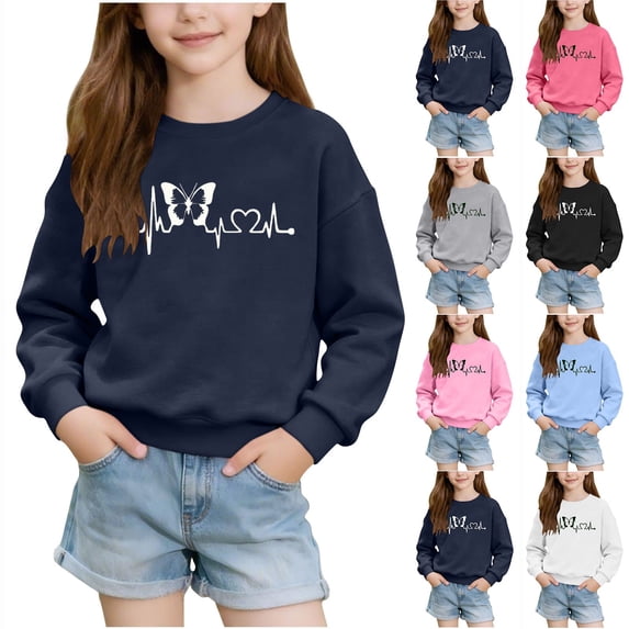 Cowsor Boys Girls Butterfly Heart Printed Fleece Lined Crewneck Sweatshirt Warm Cute Pullover for 1-13 Years Old Daily Play