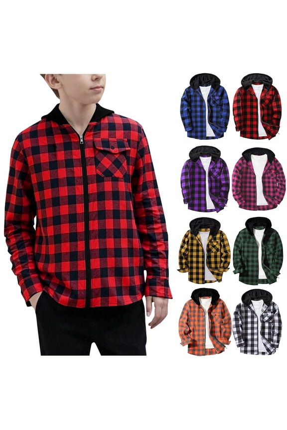 Boys Girls Plaid Zip Up Hooded Shirt Casual Long Sleeve Fall Jacket Stylish Outerwear for 4-15 Years Old School Activity