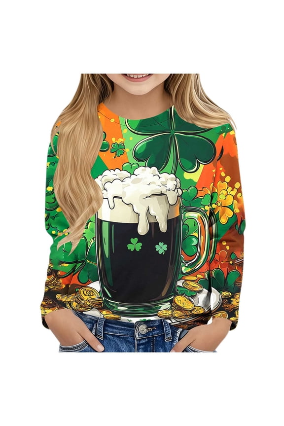 Boys Girls St Patrick s Day Printed Long Sleeve Crewneck Top Casual Holiday Base Layer Tee for 3-14 Years Old School Wear