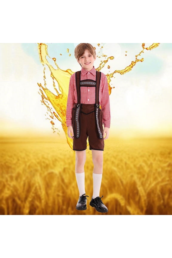 Boys Oktoberfest Outfits 2pc Button down Shirts+overall Sets Kids Plaid Collar Tops Traditional Long Sleeve Shirts