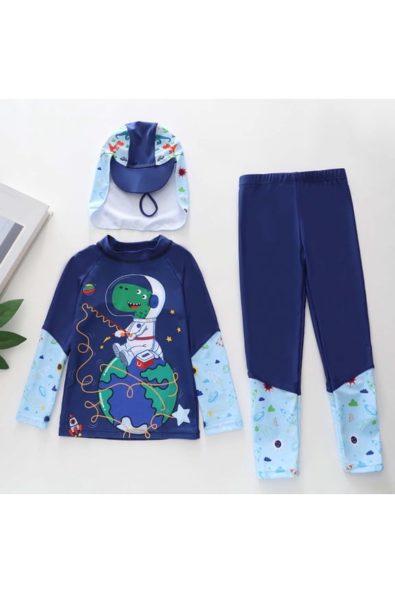 Boys Three Piece Swimsuit Set Long Sleeve Top Pants Hat UV Protection Rash Guard Quick Dry Swimwear for Surfing Beach Hot Spring Pool