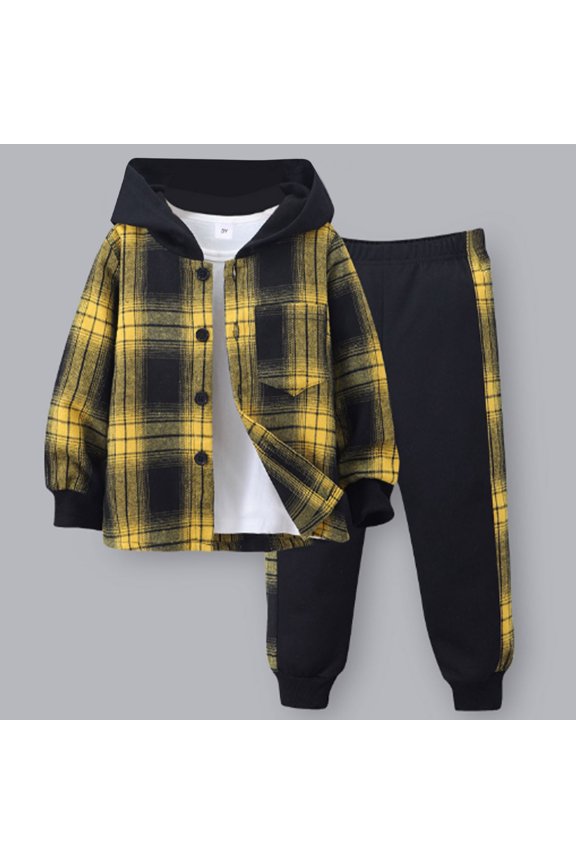Children's Long Sleeved Checkered Cardigan Contrasting Hooded Top+long Pants Two-piece Set For Kids