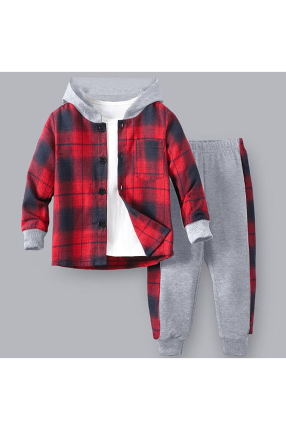 Children's Long Sleeved Checkered Cardigan Contrasting Hooded Top+long Pants Two-piece Set For Kids