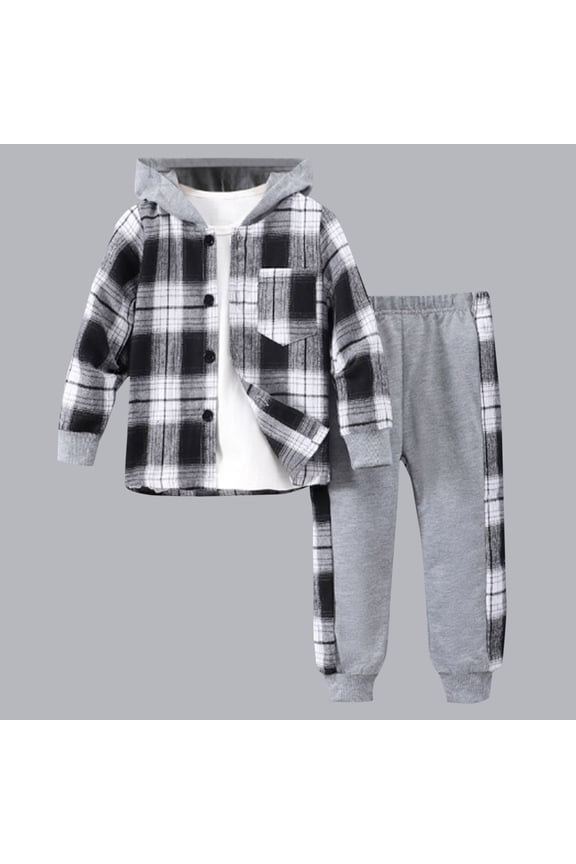 Children's Long Sleeved Checkered Cardigan Contrasting Hooded Top+long Pants Two-piece Set For Kids