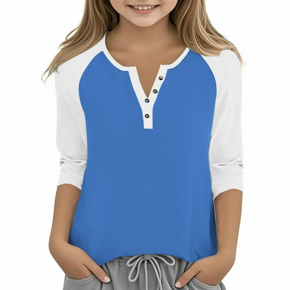 Cowsor Girl's Casual 3/4 Sleeve T Shirts Button V Neck Tunic Blouses Color Block Basic Tee Tops Loose Fit Summer Shirt
