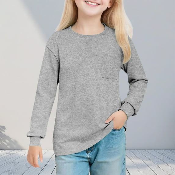 Cowsor Girl's Crew Neck Solid Color Sweatshirts with No Hood Casual Color Block Long Sleeve Pullover Tops