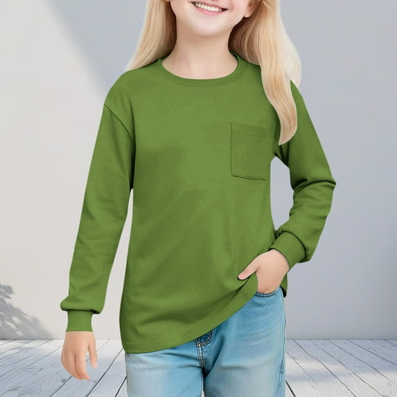 Cowsor Girl's Crew Neck Solid Color Sweatshirts with No Hood Casual Color Block Long Sleeve Pullover Tops
