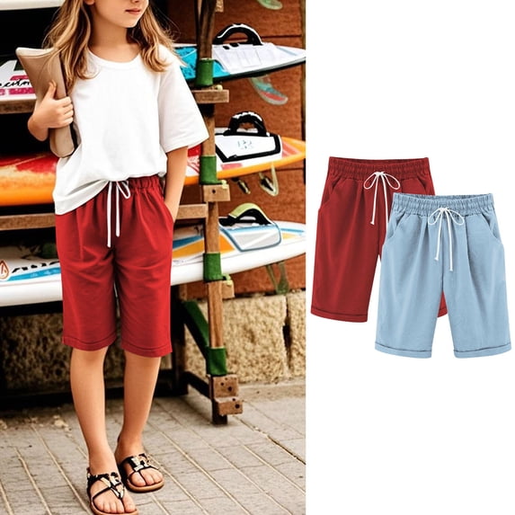 Cowsor Girl's Knee-Length Bermuda Casual Shorts with Elastic Waist Drawstring 2PC