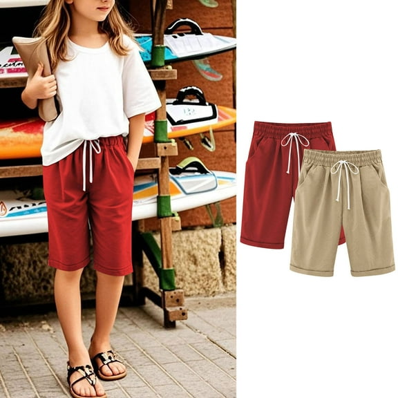 Cowsor Girl's Knee-Length Bermuda Casual Shorts with Elastic Waist Drawstring 2PC