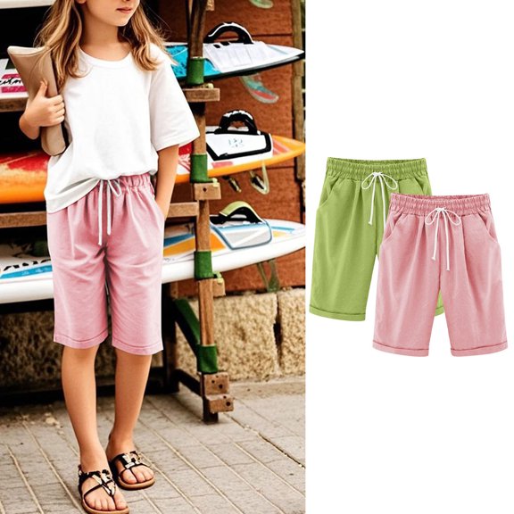 Cowsor Girl's Knee-Length Bermuda Casual Shorts with Elastic Waist Drawstring 2PC