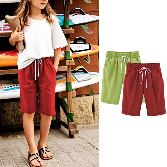 Cowsor Girl's Knee-Length Bermuda Casual Shorts with Elastic Waist Drawstring 2PC