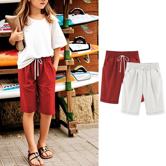 Cowsor Girl's Knee-Length Bermuda Casual Shorts with Elastic Waist Drawstring 2PC