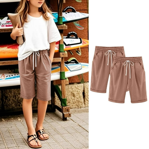 Cowsor Girl's Knee-Length Bermuda Casual Shorts with Elastic Waist Drawstring 2PC