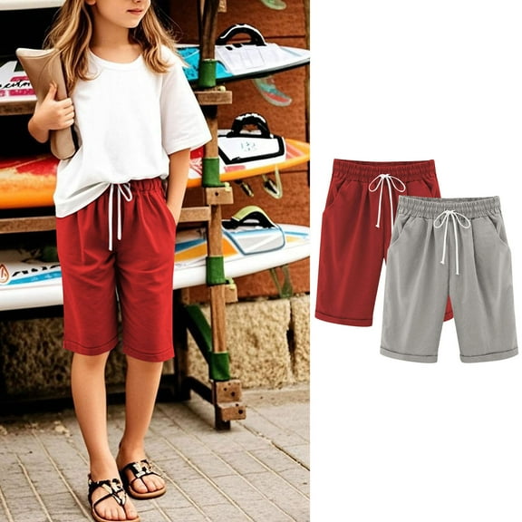 Cowsor Girl's Knee-Length Bermuda Casual Shorts with Elastic Waist Drawstring 2PC