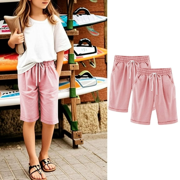 Cowsor Girl's Knee-Length Bermuda Casual Shorts with Elastic Waist Drawstring 2PC