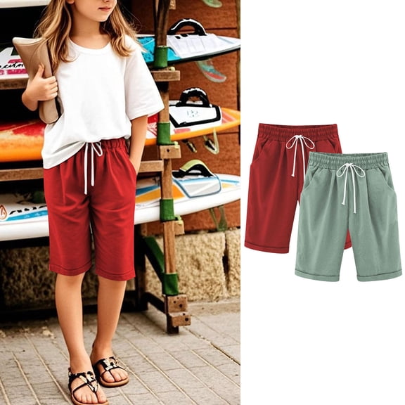 Cowsor Girl's Knee-Length Bermuda Casual Shorts with Elastic Waist Drawstring 2PC
