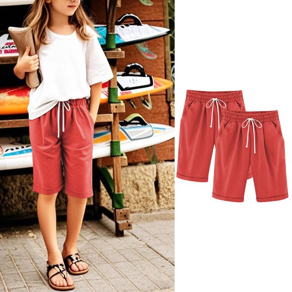 Cowsor Girl's Knee-Length Bermuda Casual Shorts with Elastic Waist Drawstring 2PC