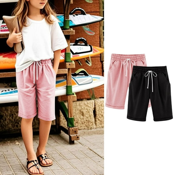 Cowsor Girl's Knee-Length Bermuda Casual Shorts with Elastic Waist Drawstring 2PC