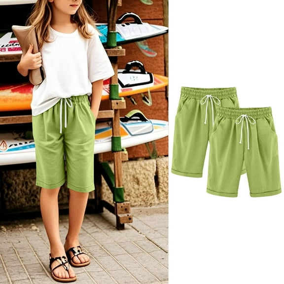 Cowsor Girl's Knee-Length Bermuda Casual Shorts with Elastic Waist Drawstring 2PC