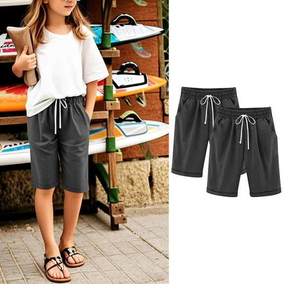 Cowsor Girl's Knee-Length Bermuda Casual Shorts with Elastic Waist Drawstring 2PC