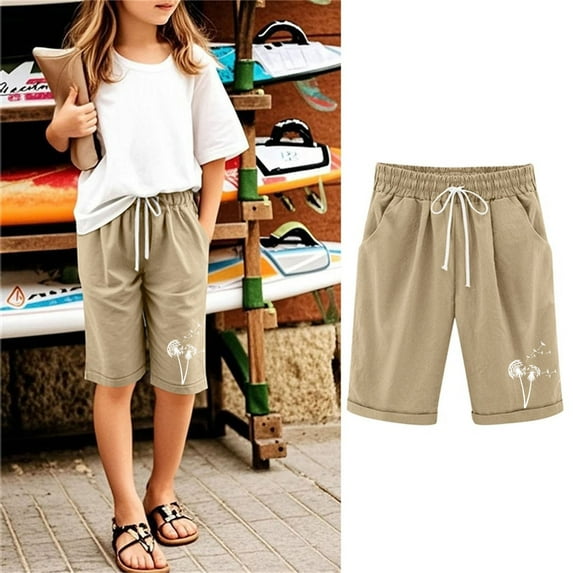 Cowsor Girl's Knee-Length Bermuda Casual Shorts with Elastic Waist Drawstring