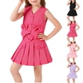 thumbnail image 1 of Cowsor Girls 3 Piece V Neck Vest Outfit 2 to 8 Years Bow Decor Top Pleated Skirt with Belt Cute Fashion Set for Party School Daily Wear Toddler Kids, 1 of 7